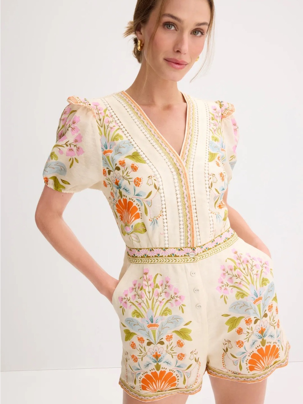 Caballero Dany Romper Stitched Flower Cream Floral Linen Blend Size L